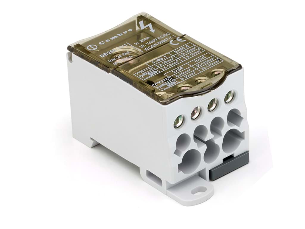 Afbeelding van Verdeelblok 1F 250A 35-120 > 2x6-35+5x2.5-16+4x2.5-10 TS35 Cembre