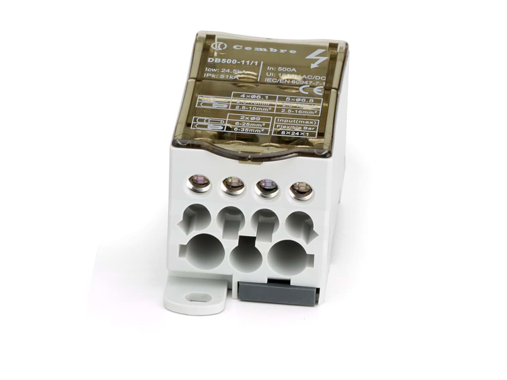Afbeelding van Verdeelblok 1F 500A busbar8x24 > 2x6-35+5x2.5-16+4x2.5-10 TS35 Cembre