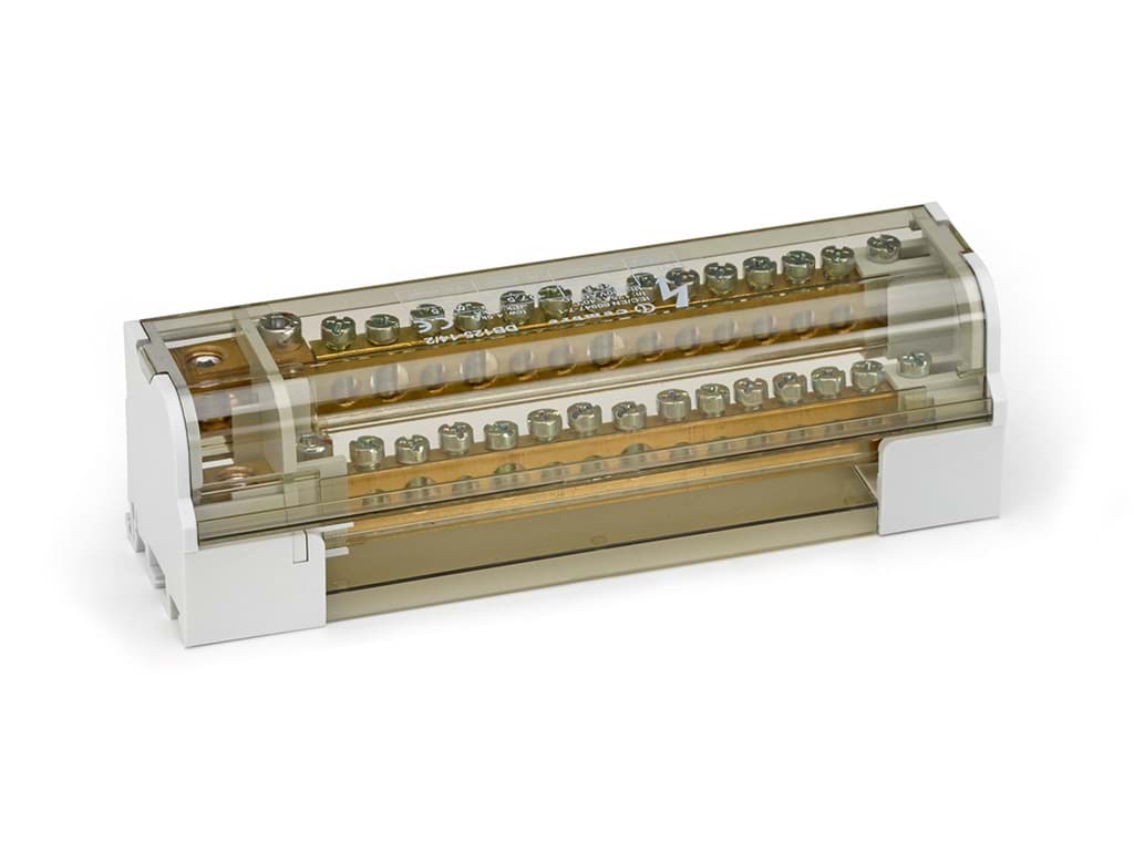 Afbeelding van Verdeelblok 2F 100A 1x10-35 + 3x6-16 + 11x1.5-6 TS35 Cembre
