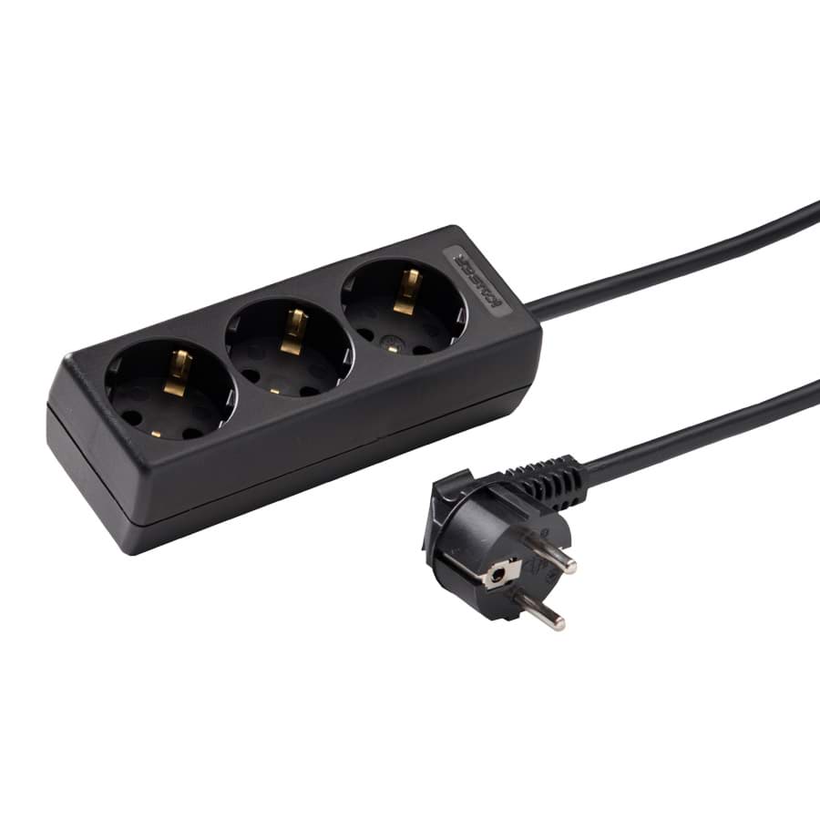 Picture of contactdoos randaarde  3v45gr zwart snoer 3,0m stekker-haaks RA/bus